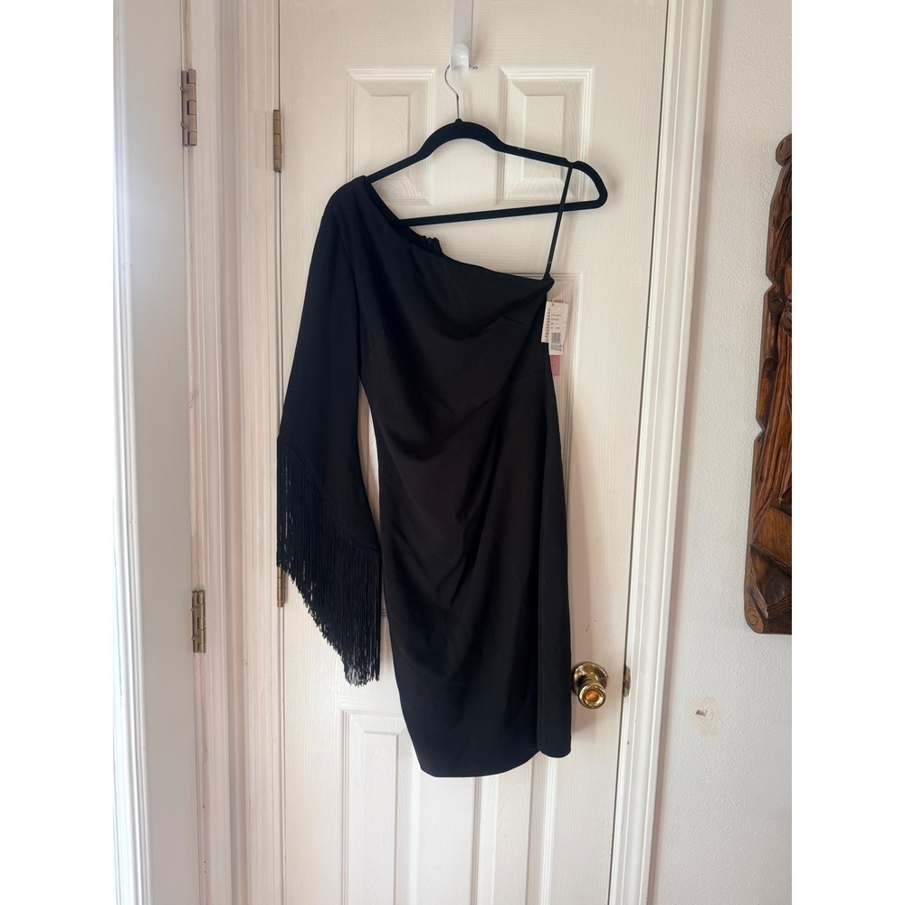 AQUA Black One Shoulder Fringe Sleeve Dress Exclusive Size 6